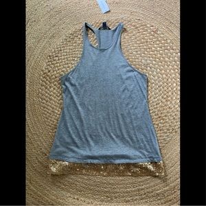 BANANA REPUBLIC | gray racer back tank with gold sequin detail on bottom